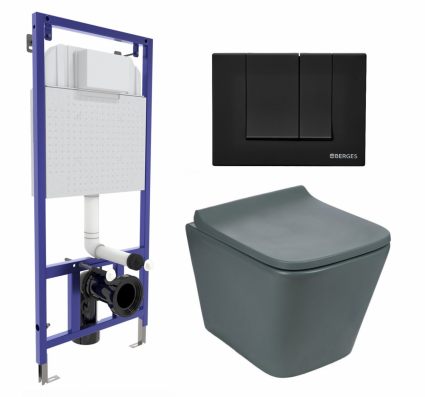 Комплект 3 в 1 инсталляция Berges Wasserhaus Novum 040245 + Унитаз подвесной Weltwasser WW SK Gelbach 041 MT-GR + кнопка черная