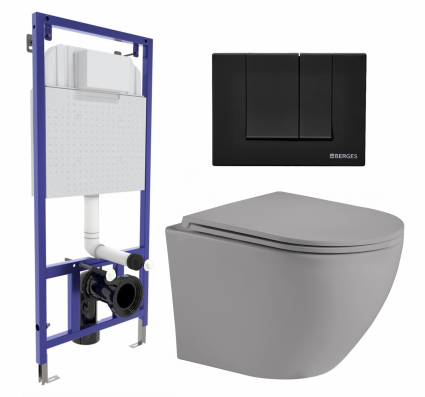 Комплект 3 в 1 инсталляция Berges Wasserhaus Novum 040245 + Унитаз подвесной Weltwasser WW Merzbach 043 MT-GR + кнопка черная