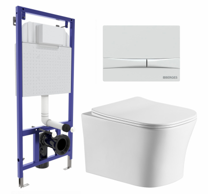 Комплект 3 в 1 инсталляция Berges Wasserhaus Novum 040250 + Подвесной унитаз CeruttiSpa Marmolada aria CT7778 + кнопка белая