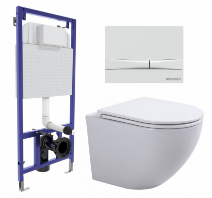 Комплект 3 в 1 инсталляция Berges Wasserhaus Novum 040250 + Подвесной унитаз SinteSi EVI + кнопка белая