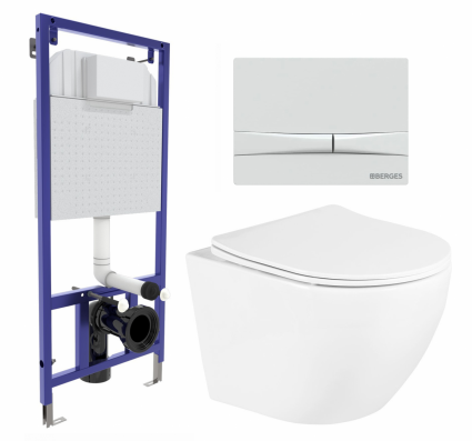 Комплект 3 в 1 инсталляция Berges Wasserhaus Novum 040250 + Унитаз подвесной BelBagno Uno BB3105CHR/SC + кнопка белая