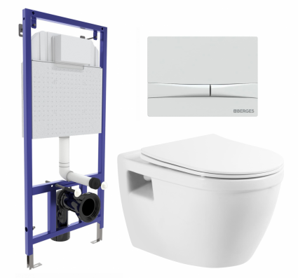 Комплект 3 в 1 инсталляция Berges Wasserhaus Novum 040250 + Унитаз подвесной BelBagno Loto BB070CHR/SC + кнопка белая