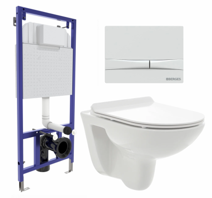 Комплект 3 в 1 инсталляция Berges Wasserhaus Novum 040250 + Унитаз подвесной AQUAme AQM2008 + кнопка белая
