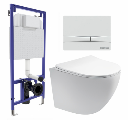 Комплект 3 в 1 инсталляция Berges Wasserhaus Novum 040250 + Унитаз подвесной Акватек Европа AQ1900-00 + кнопка белая