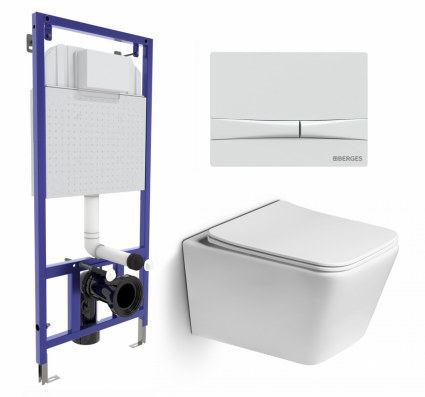 Комплект 3 в 1 инсталляция Berges Wasserhaus Novum 040250 + Унитаз подвесной SantiLine SL-5007 + кнопка белая