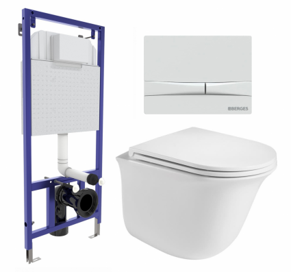 Комплект 3 в 1 инсталляция Berges Wasserhaus Novum 040250 + Подвесной унитаз WeltWasser Telbach 004 GL-WT + кнопка белая