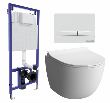 Комплект 3 в 1 инсталляция Berges Wasserhaus Novum 040250 + Унитаз подвесной VitrA Sento 7748В003-0075 + кнопка белая