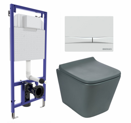 Комплект 3 в 1 инсталляция Berges Wasserhaus Novum 040250 + Унитаз подвесной Weltwasser WW SK Gelbach 041 MT-GR + кнопка белая