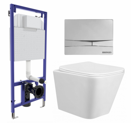 Комплект 3 в 1 инсталляция Berges Wasserhaus Novum 040253 + Унитаз подвесной Taliente Correto CR25200 + кнопка хром