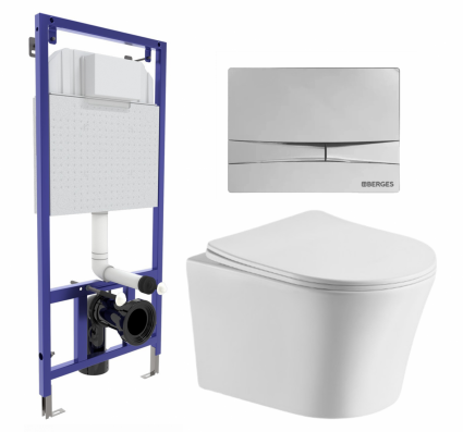 Комплект 3 в 1 инсталляция Berges Wasserhaus Novum 040253 + Подвесной унитаз CeruttiSpa Adige Aria CT7837 + кнопка хром
