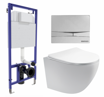 Комплект 3 в 1 инсталляция Berges Wasserhaus Novum 040253 + Унитаз подвесной Акватек Европа AQ1900-00 + кнопка хром