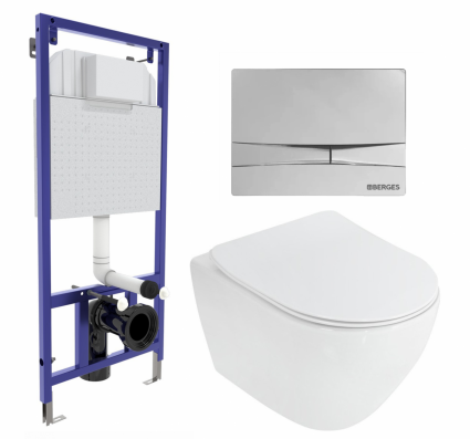 Комплект 3 в 1 инсталляция Berges Wasserhaus Novum 040253 + Унитаз подвесной Cezares Stylus CZR-513-TH-R + кнопка хром