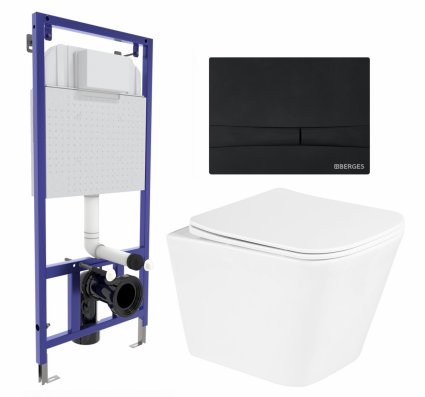 Комплект 3 в 1 инсталляция Berges Wasserhaus Novum 040255 + Унитаз подвесной BelBagno Due BB3103CHR/SC + кнопка черная