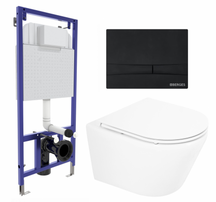 Комплект 3 в 1 инсталляция Berges Wasserhaus Novum 040255 + Унитаз подвесной BelBagno Tre BB8001CHR/SC + кнопка черная