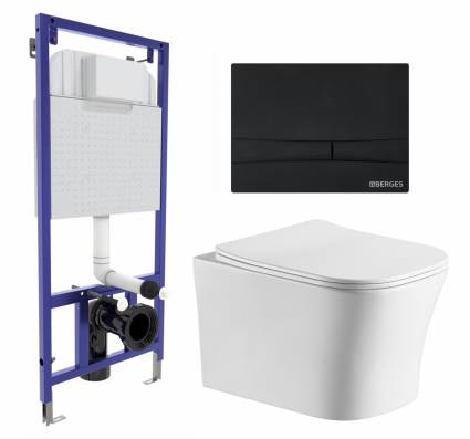Комплект 3 в 1 инсталляция Berges Wasserhaus Novum 040255 + Подвесной унитаз CeruttiSpa Marmolada aria CT7778 + кнопка черная