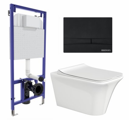 Комплект 3 в 1 инсталляция Berges Wasserhaus Novum 040255 + Унитаз подвесной CeruttiSpa Nivolet Aria 9034 + кнопка черная