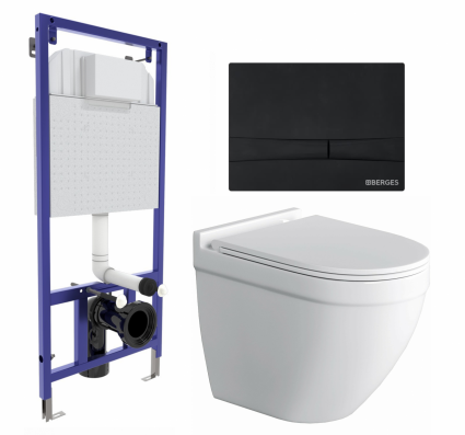 Комплект 3 в 1 инсталляция Berges Wasserhaus Novum 040255 + Унитаз подвесной Owl 1975 Cirkel-H + кнопка черная