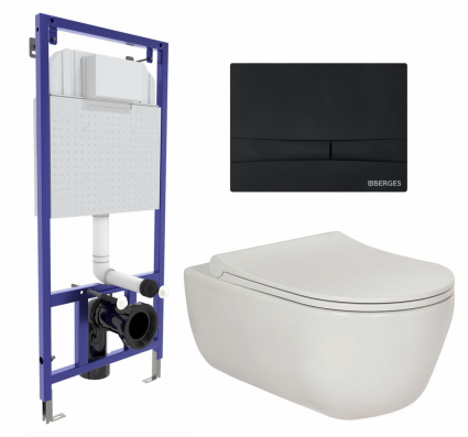 Комплект 3 в 1 инсталляция Berges Wasserhaus Novum 040255 + Унитаз подвесной Berges Wasserhaus Ego XL 082118 + кнопка черная