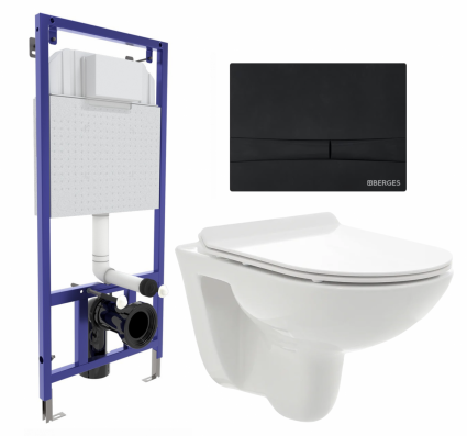 Комплект 3 в 1 инсталляция Berges Wasserhaus Novum 040255 + Унитаз подвесной AQUAme AQM2008 + кнопка черная