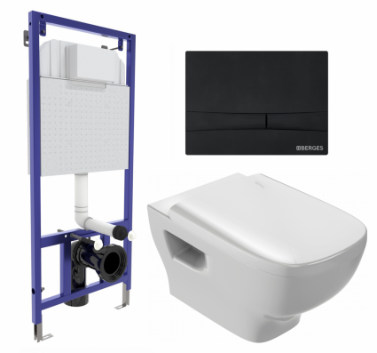 Комплект 3 в 1 инсталляция Berges Wasserhaus Novum 040255 + Унитаз подвесной Jacob Delafon Struktura EDE102-00 + кнопка черная