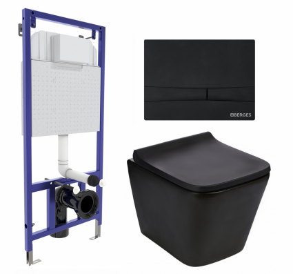 Комплект 3 в 1 инсталляция Berges Wasserhaus Novum 040255 + Подвесной унитаз WeltWasser Gelbach 043 MT-BL + кнопка черная