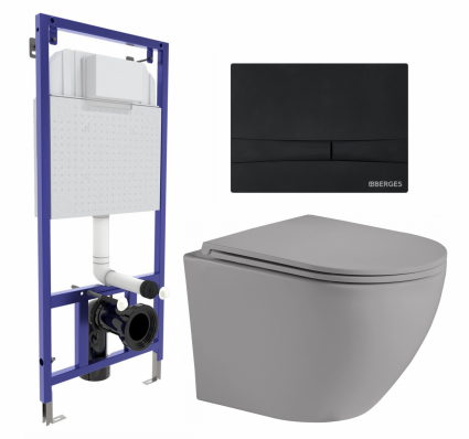 Комплект 3 в 1 инсталляция Berges Wasserhaus Novum 040255 + Унитаз подвесной Weltwasser WW Merzbach 043 MT-GR + кнопка черная