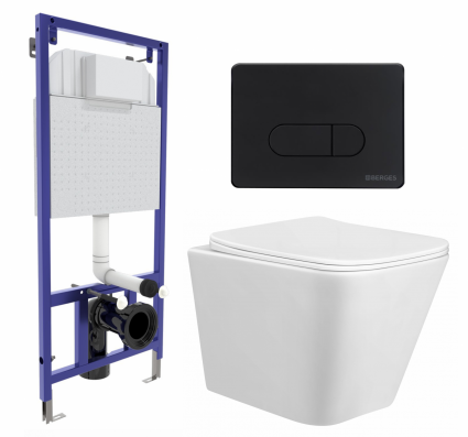Комплект 3 в 1 инсталляция Berges Wasserhaus Novum 040235 + Унитаз подвесной Taliente Correto CR25200 + кнопка черная