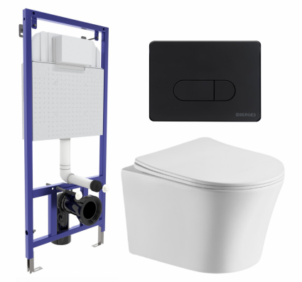 Комплект 3 в 1 инсталляция Berges Wasserhaus Novum 040235 + Подвесной унитаз CeruttiSpa Adige Aria CT7837 + кнопка черная