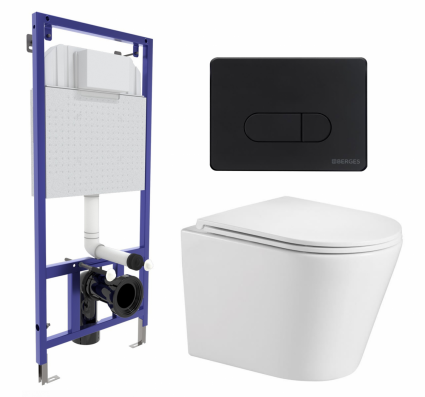 Комплект 3 в 1 инсталляция Berges Wasserhaus Novum 040235 + Подвесной унитаз WeltWasser Salzbach 043 GL-WT + кнопка черная