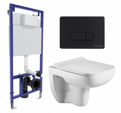 Комплект 3 в 1 инсталляция Berges Wasserhaus Novum 040235 + Подвесной унитаз WeltWasser Kehlbach 004 GL-WT + кнопка черная