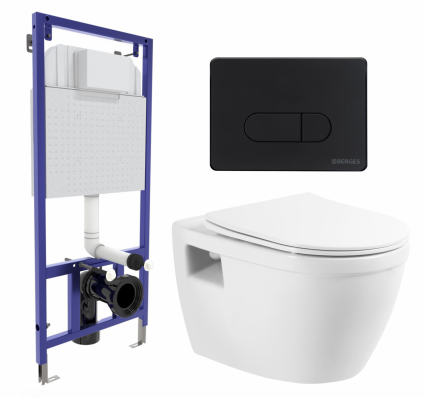 Комплект 3 в 1 инсталляция Berges Wasserhaus Novum 040235 + Унитаз подвесной BelBagno Loto BB070CHR/SC + кнопка черная