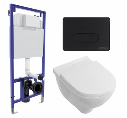 Комплект 3 в 1 инсталляция Berges Wasserhaus Novum 040235 + Унитаз подвесной Villeroy & Boch O Novo Directflush + кнопка черная