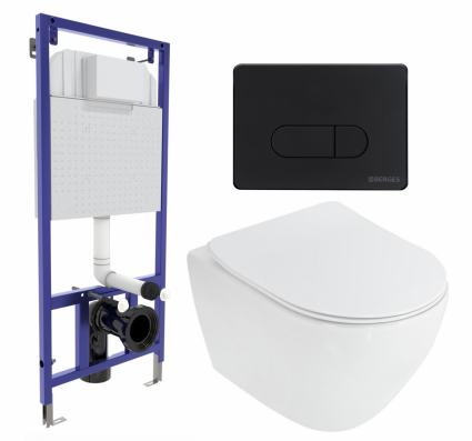 Комплект 3 в 1 инсталляция Berges Wasserhaus Novum 040235 + Унитаз подвесной Cezares Stylus CZR-513-TH-R + кнопка черная