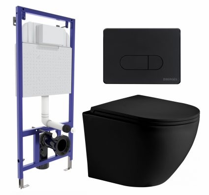 Комплект 3 в 1 инсталляция Berges Wasserhaus Novum 040235 +  Унитаз подвесной Weltwasser WW Merzbach 043 MT-BL + кнопка черная