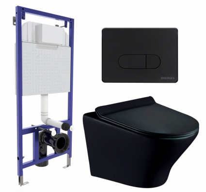 Комплект 3 в 1 инсталляция Berges Wasserhaus Novum 040235 + Унитаз подвесной Esbano Aster ESUPASTEBM + кнопка черная