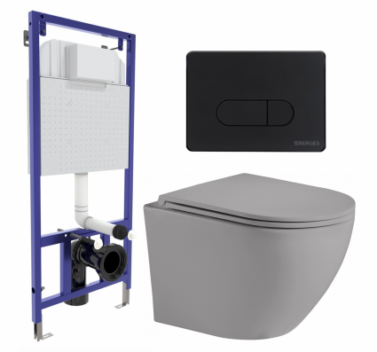 Комплект 3 в 1 инсталляция Berges Wasserhaus Novum 040235 + Унитаз подвесной Weltwasser WW Merzbach 043 MT-GR + кнопка черная
