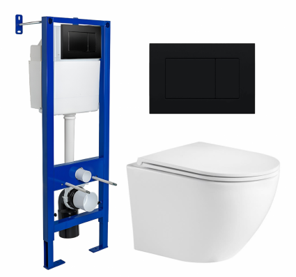 Комплект 3 в 1 инсталляция Berges Wasserhaus Atom 410 + Подвесной унитаз WeltWasser Merzbach 043 GL-WT + кнопка черная