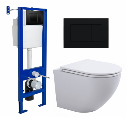 Комплект 3 в 1 инсталляция Berges Wasserhaus Atom 410 + Подвесной унитаз SinteSi EVI + кнопка черная