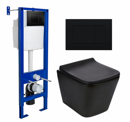 Комплект 3 в 1 инсталляция Berges Wasserhaus Atom 410 + Подвесной унитаз WeltWasser Gelbach 043 MT-BL + кнопка черная