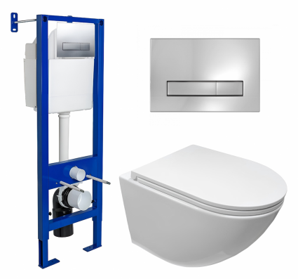 Комплект 3 в 1 инсталляция Berges Wasserhaus Atom Line 410 + Подвесной безободковый унитаз CeruttiSpa Sella aria CT7183 + кнопка хром