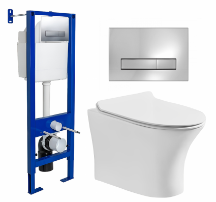 Комплект 3 в 1 инсталляция Berges Wasserhaus Atom Line 410 + Подвесной безободковый унитаз CeruttiSpa Bernina aria CT7191 + кнопка хром