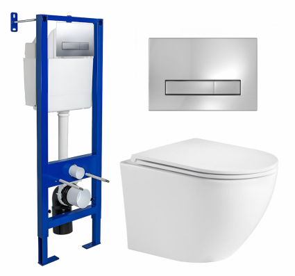Комплект 3 в 1 инсталляция Berges Wasserhaus Atom Line 410 + Подвесной унитаз WeltWasser Merzbach 043 GL-WT + кнопка хром