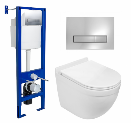 Комплект 3 в 1 инсталляция Berges Wasserhaus Atom Line 410 + Подвесной унитаз WeltWasser Heimbach 043 GL-WT + кнопка хром