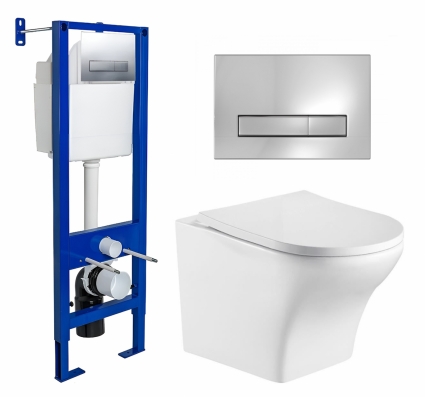 Комплект 3 в 1 инсталляция Berges Wasserhaus Atom Line 410 + Подвесной унитаз WeltWasser Odenbach 004 GL-WT + кнопка хром