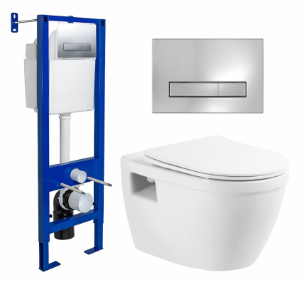 Комплект 3 в 1 инсталляция Berges Wasserhaus Atom Line 410 + Унитаз подвесной BelBagno Loto BB070CHR/SC + кнопка хром