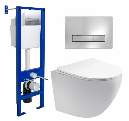 Комплект 3 в 1 инсталляция Berges Wasserhaus Atom Line 410 + Унитаз подвесной Акватек Европа AQ1900-00 + кнопка хром