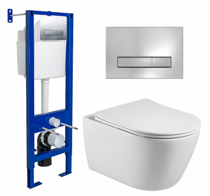 Комплект 3 в 1 инсталляция Berges Wasserhaus Atom Line 410 + Унитаз подвесной Акватек Вега AQ1905-00 + кнопка хром