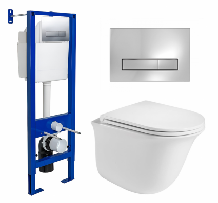 Комплект 3 в 1 инсталляция Berges Wasserhaus Atom Line 410 + Подвесной унитаз WeltWasser Telbach 004 GL-WT + кнопка хром