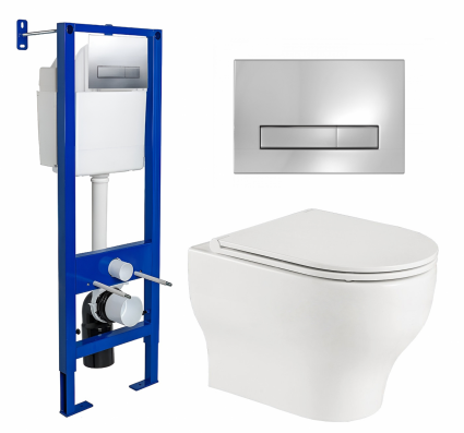 Комплект 3 в 1 инсталляция Berges Wasserhaus Atom Line 410 + Подвесной унитаз WeltWasser Erlenbach 004 GL-WT + кнопка хром