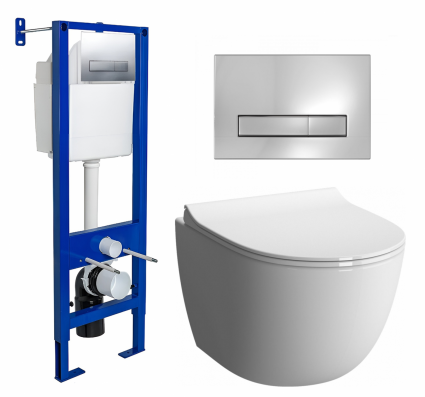 Комплект 3 в 1 инсталляция Berges Wasserhaus Atom Line 410 + Унитаз подвесной VitrA Sento 7748В003-0075 + кнопка хром